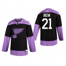 Tyler Bozak #21 St. Louis Blues 2019 Hockey Fights Cancer Black Practice Jersey