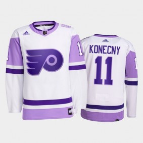 Travis Konecny #11 Philadelphia Flyers 2021 HockeyFightsCancer White Primegreen Jersey